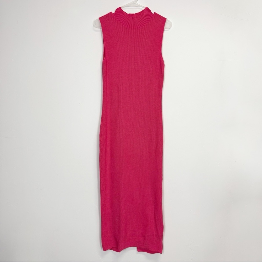 PrettyGarden Dress Women XL Pink Sleeveless Ribbed Knit Mock Neck Midi Split Hem
